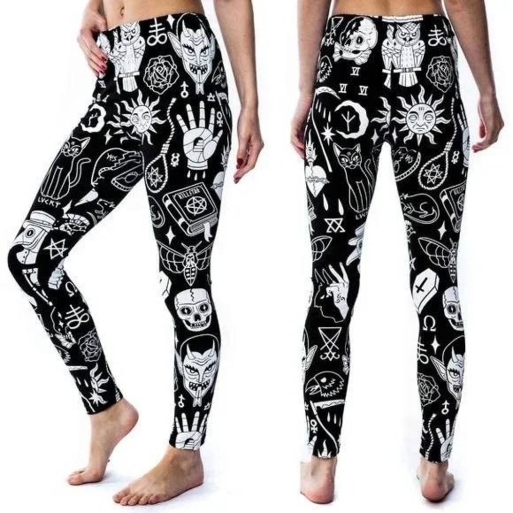Killstar Wicked Occult Print Leggings Skull Witch Gothic Black White L Witchy
